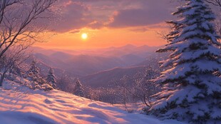 冬天森林夕阳雪景