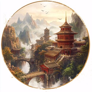 山水圆形挂画