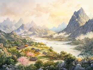 桃花源记古风山水插画