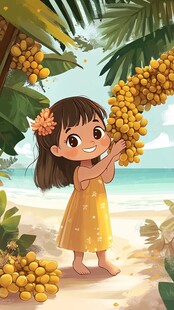 摘枇杷的小女孩