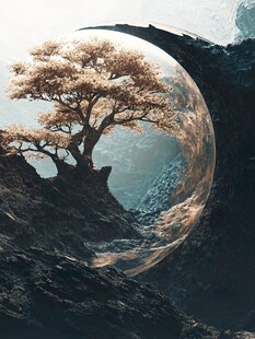 年轮山峰树鹿云意境