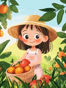 女孩摘水果插画