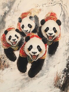 手绘滑雪的熊猫装饰画