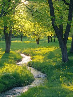 阳光下的草地小溪