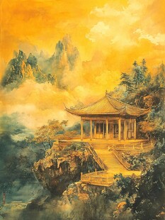 古风亭台楼阁油画