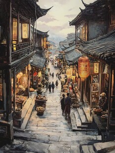 油画古街巷