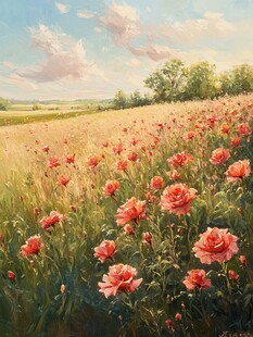 蓝天白云鲜花油画