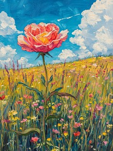 蓝天白云鲜花油画