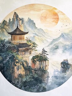 旭日东升楼阁山水画