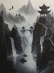 楼阁山水意境画