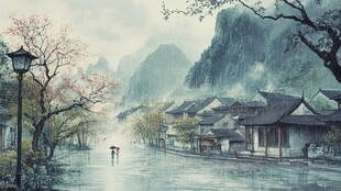 烟雨江南古风山水插画