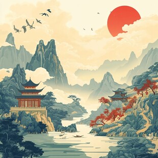 仙鹤楼阁山水插画