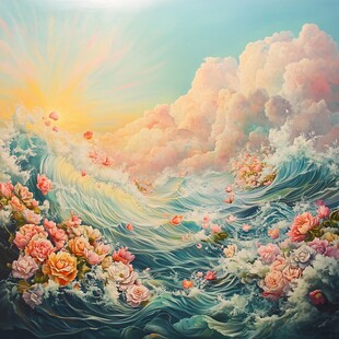 手绘海浪旭日东升