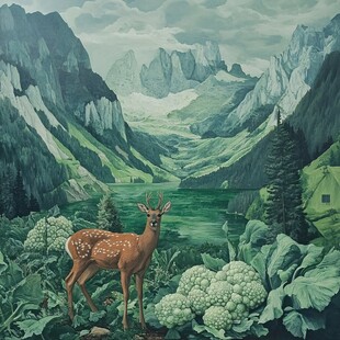 山峰山水画油画梅花鹿