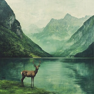 山峰山水画油画梅花鹿