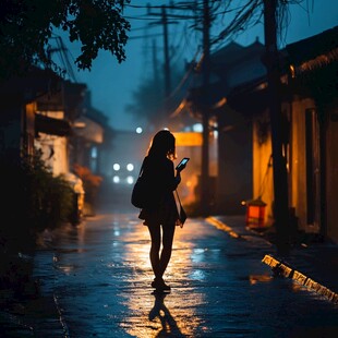 夜雨赶路的女人