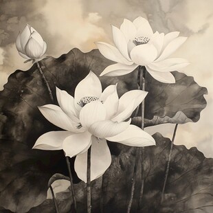 白色荷花壁画