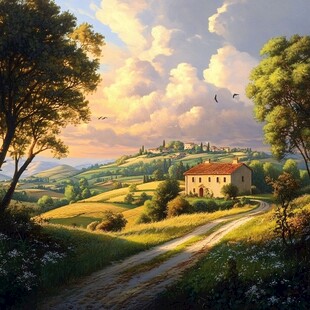 唯美田园风光油画