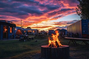 夕阳晚霞下的露营区