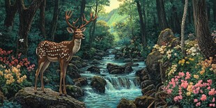 山峰山水画油画梅花鹿