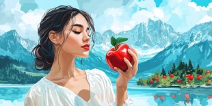 苹果水果插画女孩