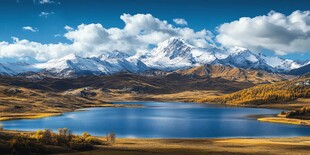 蓝天白云雪山草地湖泊