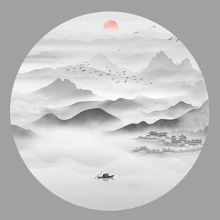 圆形水墨山水画