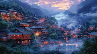 玄幻古镇夜景