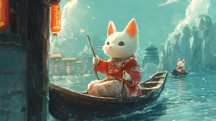 猫咪划船插画