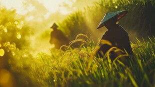 稻田朝露与人影