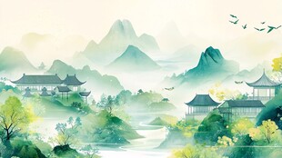 新中式包装风景插画
