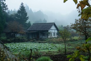 小木屋炊烟风光