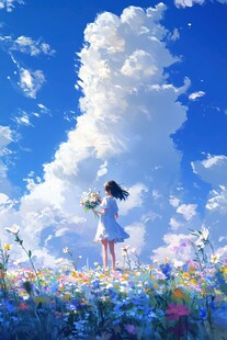 蓝天白云女孩插画
