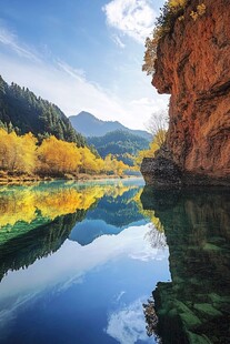 蓝色湖水金色胡杨雪山