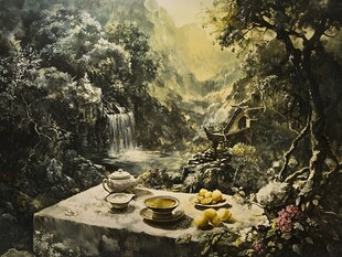 茶馆场景油画