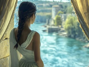 坐在江边看风景美女