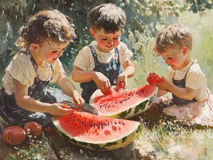 手绘西瓜与小孩