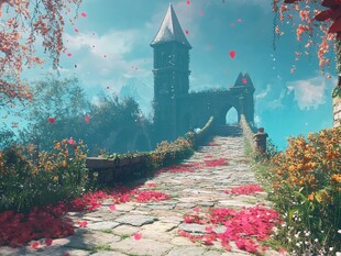 粉红色的带走道的超现实城堡