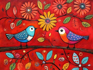 彩绘鸟植物抽象画