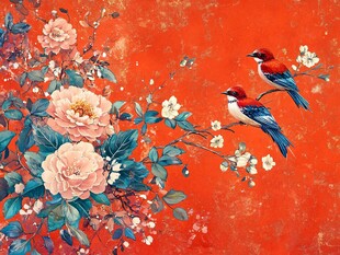 牡丹喜鹊图插画