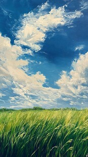 蓝天白云绿草油画