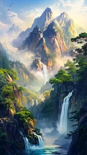 山水风景油画瀑布