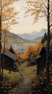 唯美秋天风景油画