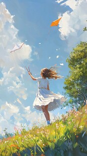 春天女孩放风筝插画