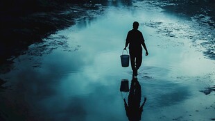 黄昏下行走在河边的人