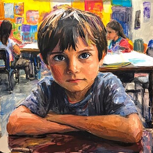 水彩画一个蓝眼睛的小男孩