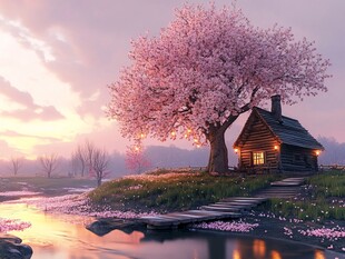 桃花丛中的小屋