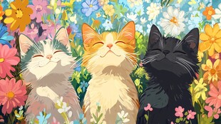 花丛边的猫咪插画