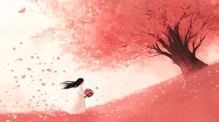 赏花红衣姑娘背影