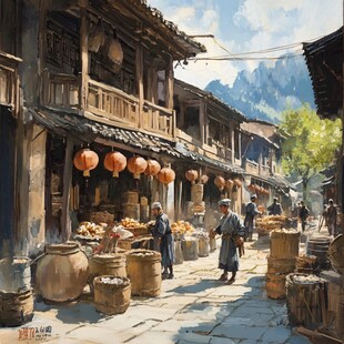 油画古街巷